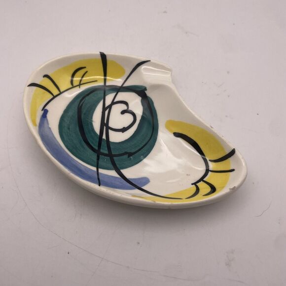 Pair MCM Ceramic Atomic Boomerang Ashtrays Trinket Trays Hand Painted Numbered - Picture 3 of 10